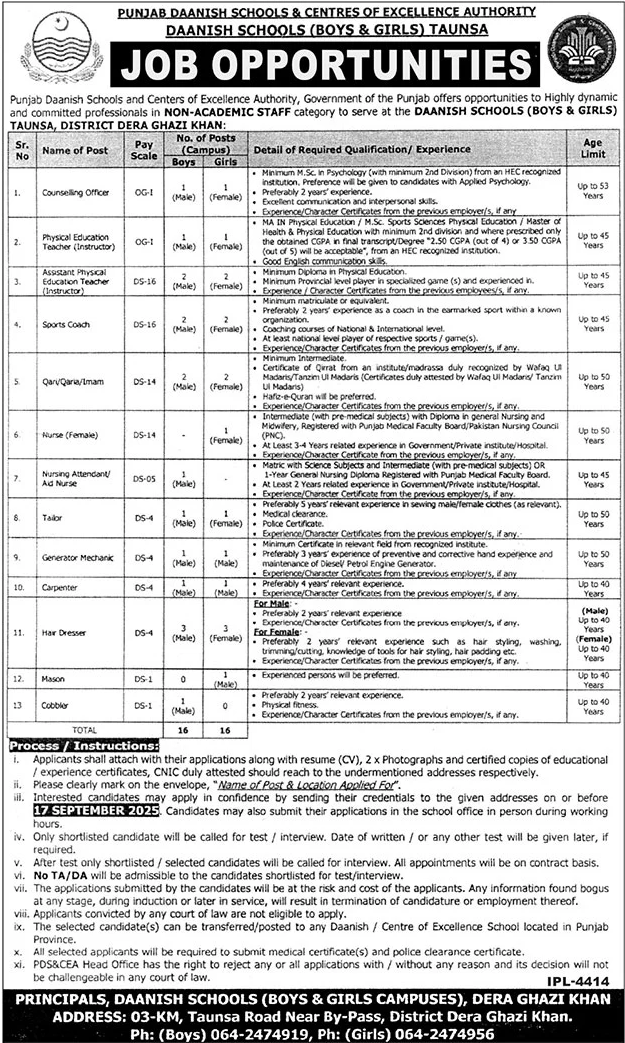 Jobs in Punjab Daanish Schools & Centres of Excellence Authority Taunsa